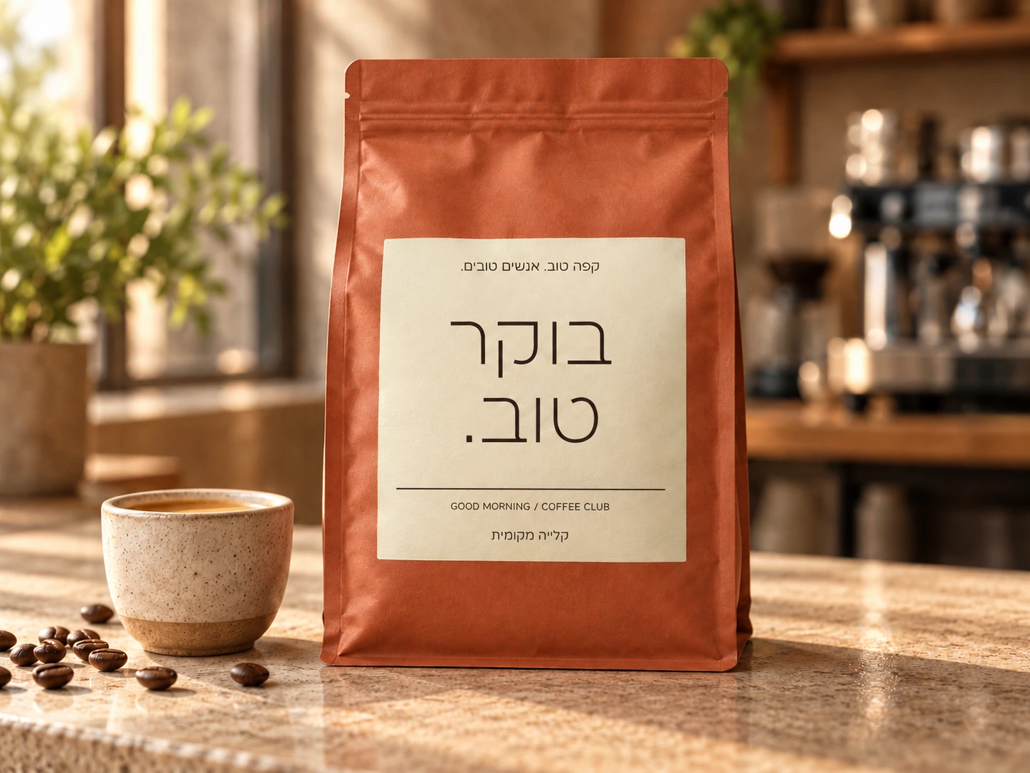 הדמיית אריזת קפה עם תווית ניב סאנס על דלפק בית קפה